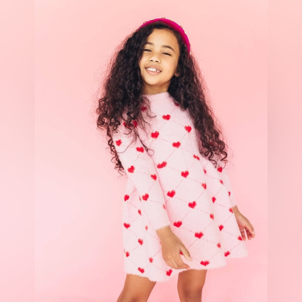 Lola + The Boys Pink Sweetheart Sweater Dress with Red Heart Pattern